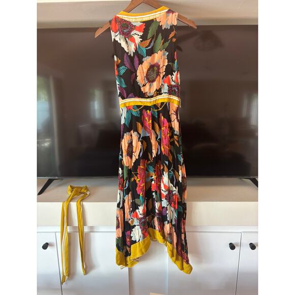 Maeve Anthropologie Vintage Floral Wrap Midi Dress Yellow Trim Size 0 XS - Picture 8 of 13